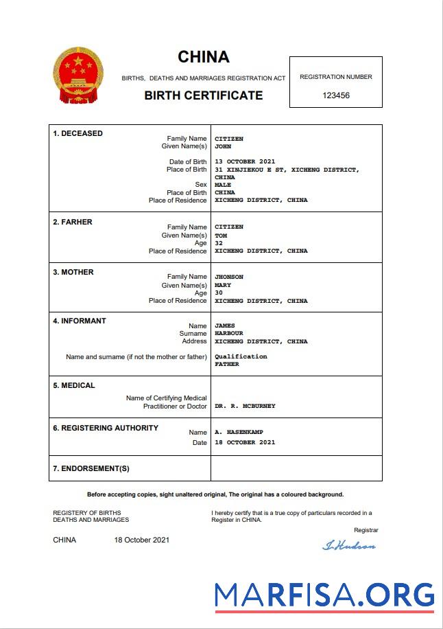 Realistic China birth certificate Word and PDF template